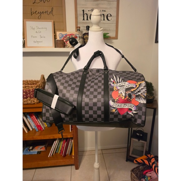 Other - Brave Hearts Stay True Checkerboard Duffel Bag Grey Black Eagle Graphic Travel